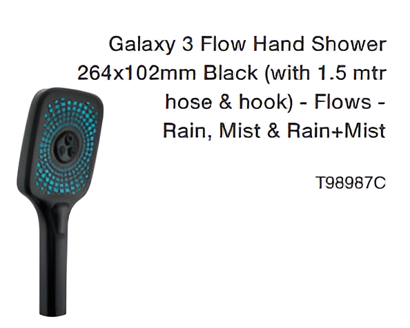 galaxy 3 flow hand shower 264x102mm black (with 1.5 mtr hose & hook) flows rain, mist & rain+mist