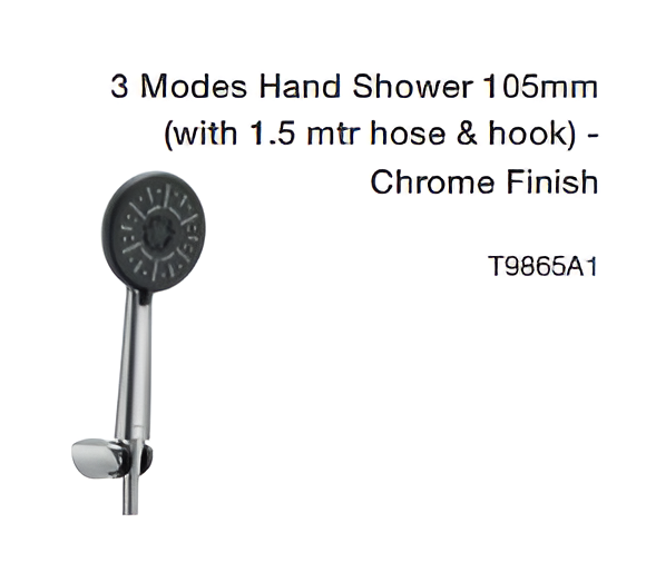 3 modes hand shower 105mm (with 1.5 mtr hose & hook) chrome finish