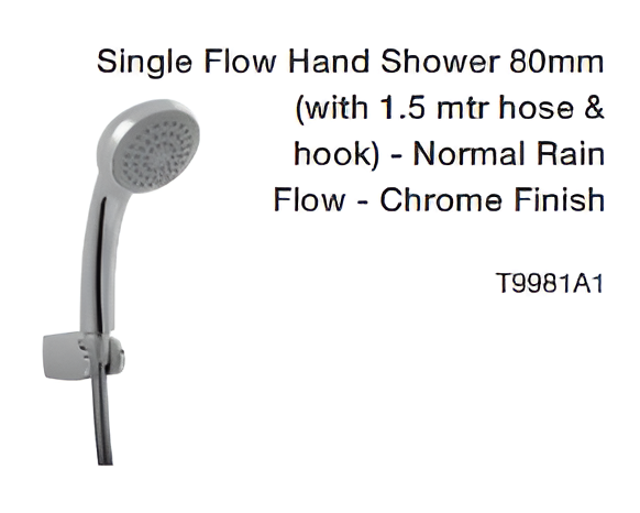single flow hand shower 80mm (with 1.5 mtr hose & hook) normal rain flow chrome finish